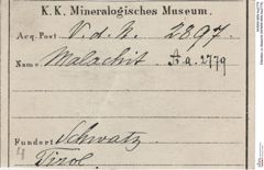 Etiketten zu Malachit (NHMW-MIN-Aa2779)